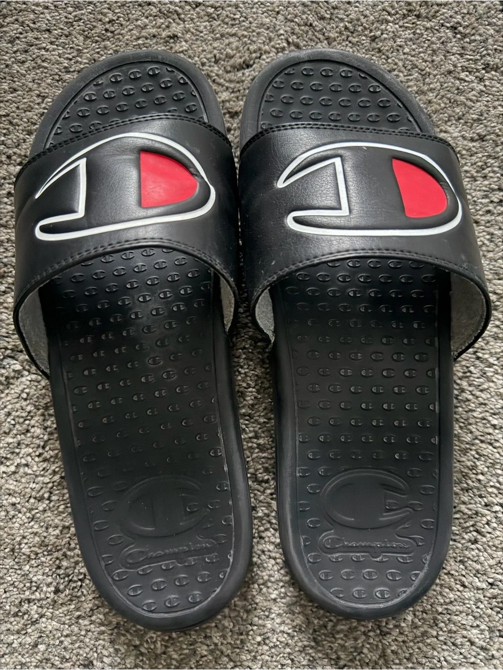 Champion Black Slide Sandals with Red Logo Accent